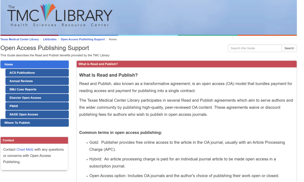 Screenshot of Open Access Publishing Support libguide homepage.