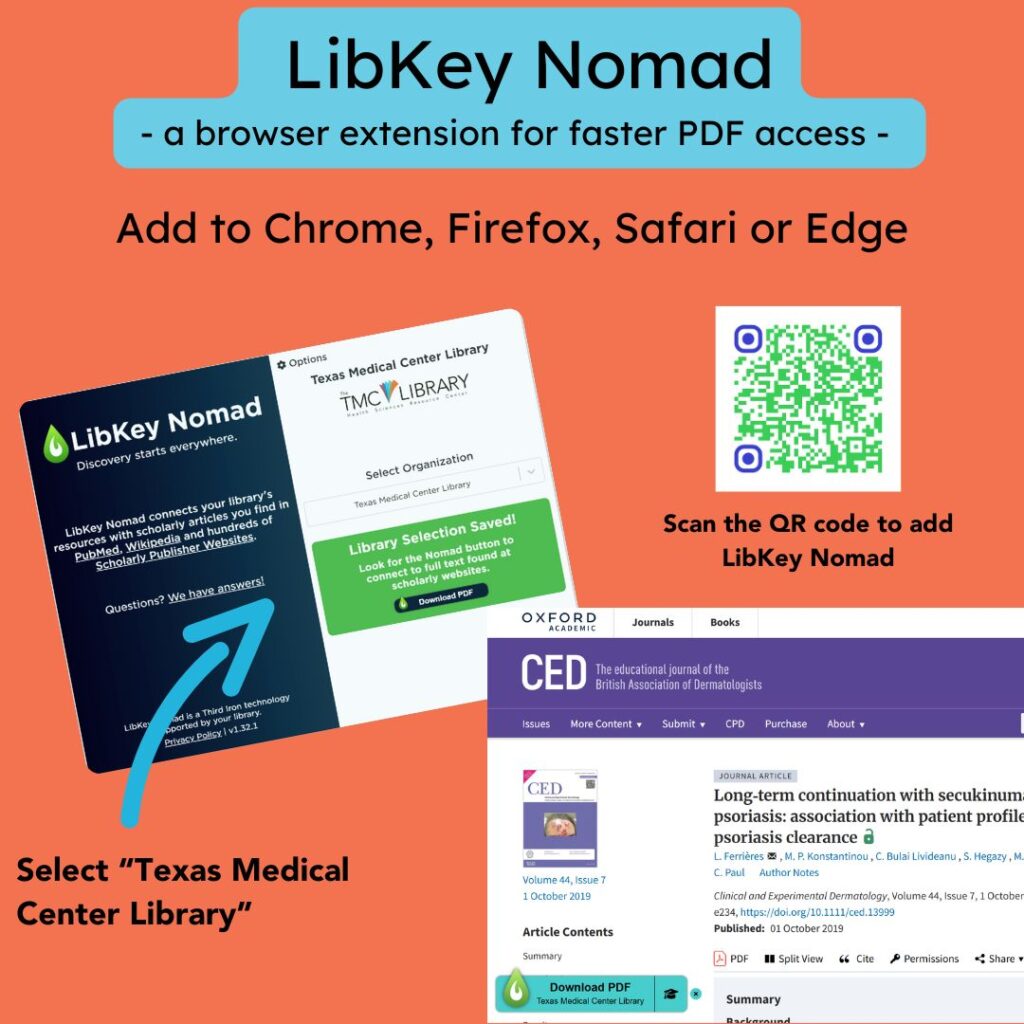 LibKey Nomad instructions and QR code to add the extension. Photo of Download PDF button in vendor site.